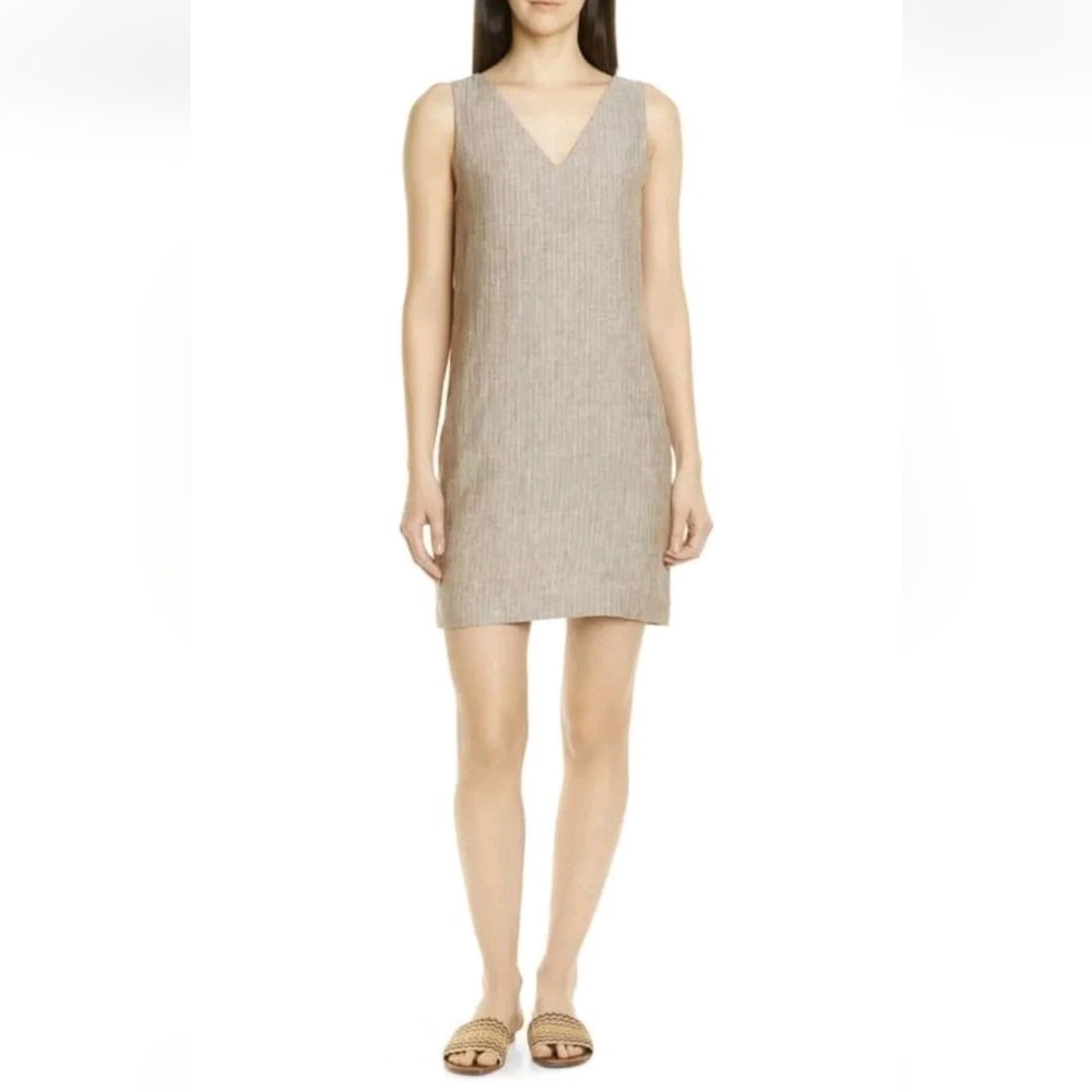 Theory Sleeveless Shift Striped Linen V-neck Mini Dress Jumper